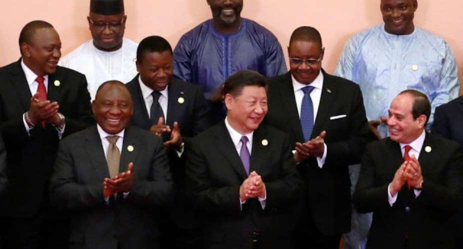 Helpless African leaders happily clapping with Xi Jinping