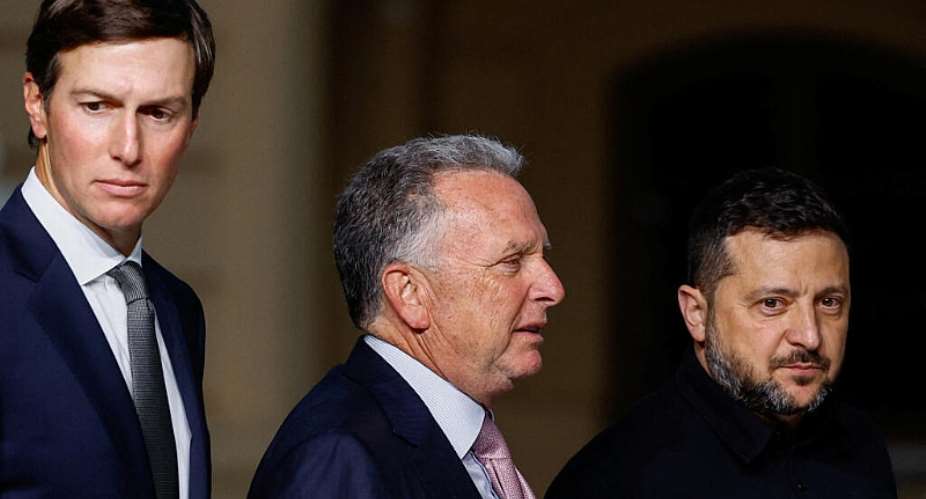 Ukraines President Volodymyr Zelensky walks with US President Donald Trumps son-in-law Jared Kushner and US Special Envoy Steve Witkoff. -  Valentyn Ogirenko, Reuters