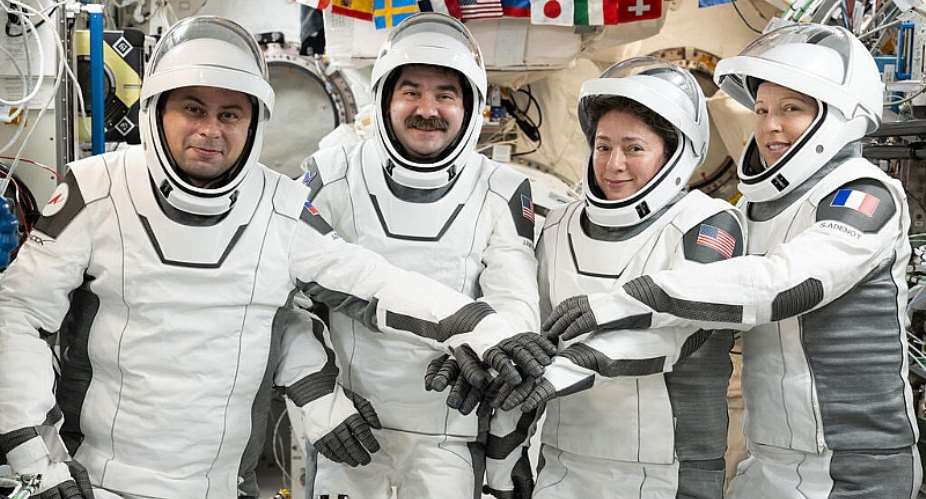 From left to right: Russias Andrey Fedyaev, NASA astronauts Jack Hathaway and Jessica Meir, and European Space Agency astronaut Sophie Adenot pictured as they prepare to depart the International Space Station. -  Anil Menon, NASA via AP