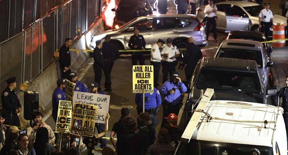 Protesters near the scene where a man was shot by an Immigration and Customs Enforcement (ICE) officer during an operation in the Bronx borough of New York. -  Charly Triballeau, AFP