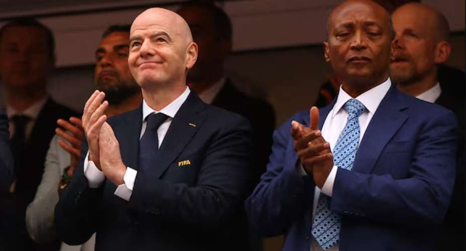 FIFA World Cup 2026 - Round of 32 - South Africa v Canada - Los Angeles Stadium, Inglewood, California, U.S. - June 28, 2026 President Gianni Infantino and CAF President Patrice Motsepe in the stands before the match REUTERS/Daniel Cole
