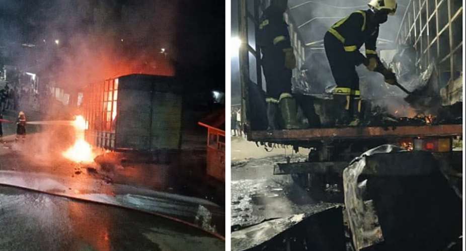 GH¢800,000 worth of goods lost in Kia Rhino truck fire at Amanfrom