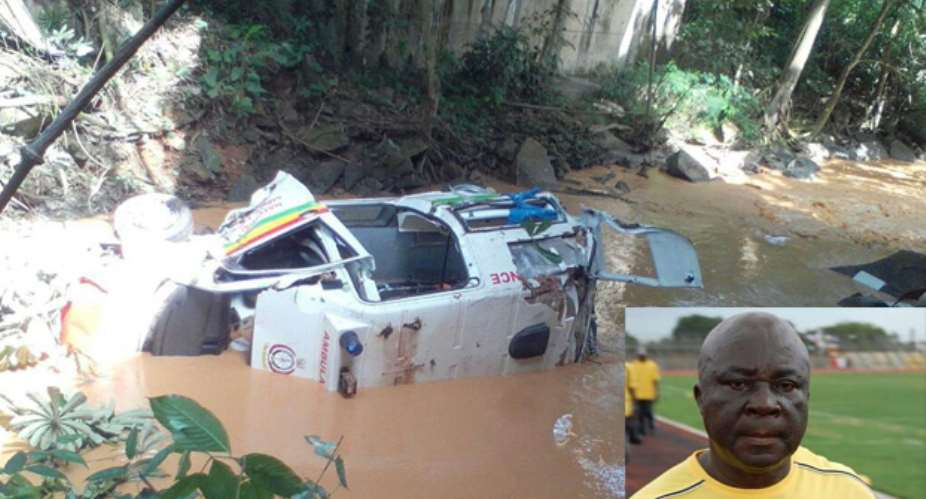 The submerged ambulance in the Densu river. Inset: The late E.K Afranie
