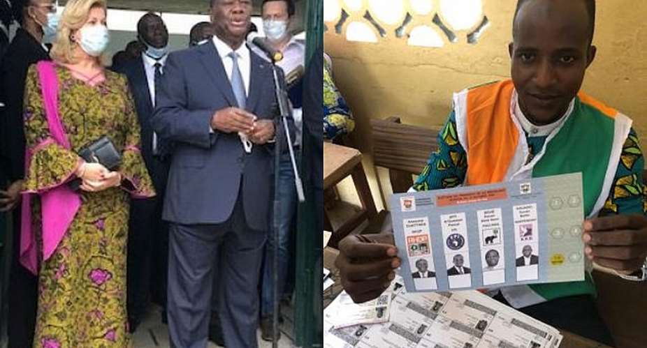 President Ouattara and wife after voting and Ballot of the four presidential candidates