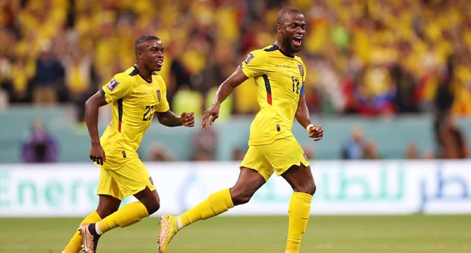 Enner Valencia R of Ecuador celebrates after scoring their team's second goal during the FIFA World Cup Qatar 2022 Group A match between Qatar and Ecuador at Al Bayt Stadium on November 20, 2022 in Al Khor, Qatar. Photo by Michael SteeleGetty ImagesImage credit: Getty Images