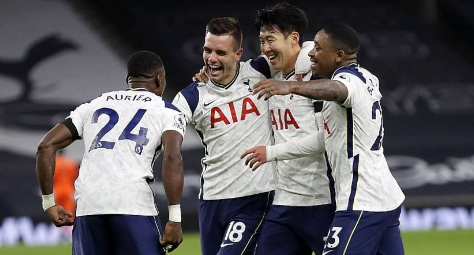 Tottenham Hotspur's Argentinian midfielder Giovani Lo Celso 2nd L celebrates with teammates after scoring their second goal during the English Premier League football match between Tottenham Hotspur and Manchester City at Tottenham Hotspur StadiumImage credit: Getty Images