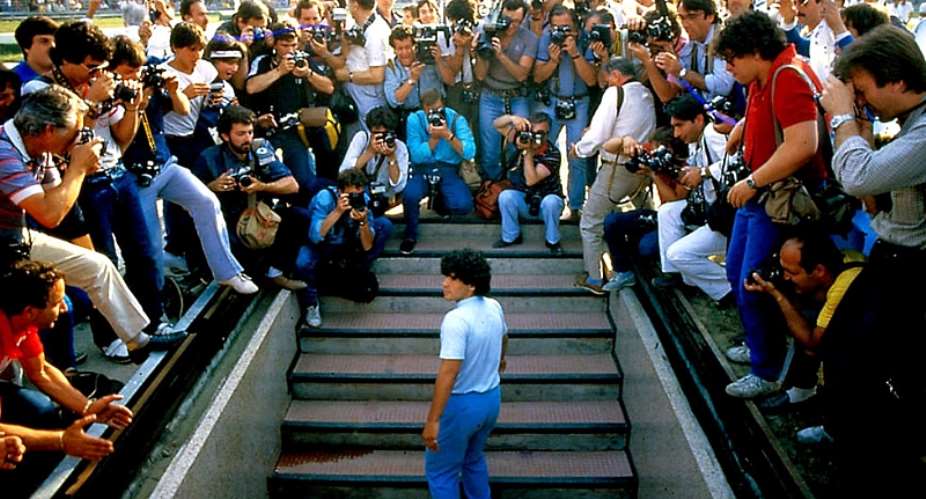Diego Maradona is about to enter the San Paolo Stadium on the day of his presentation in Naples. Alfredo Capozzi courtesy of HBO