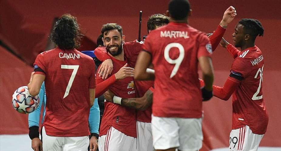 Manchester United's Portuguese midfielder Bruno Fernandes 2L celebrates scoring the opening goal during the UEFA Champions league group HImage credit: Getty Images