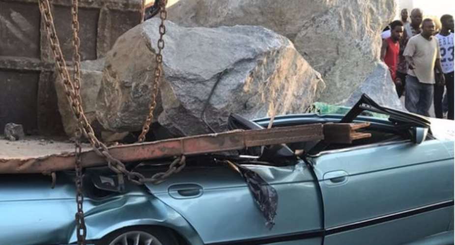 BMW Car Crushed By Rocks Which Fell From A Truck At Tema