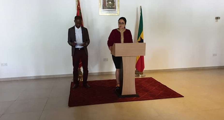 Ambassador Imane Ouaadil Right , addressing the Gathering with him is Peter Anaman, President of the Ghana Morocco Old students Association