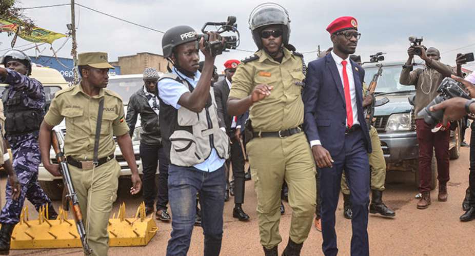 Ugandan politician Robert Kyagulanyi, also known as Bobi Wine, is seen in Kasangati on January 6, 2020. Four journalists were arrested during Wine's visit to Kasangati, and others were questioned by police at another event. AFP