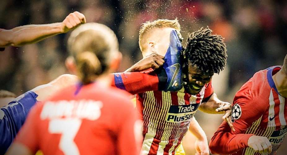 Atletico Madrid Thomas Partey Suffers Wicked Face Attack By Studs His Own Teammate