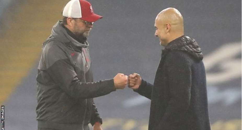 Manchester City boss Pep Guardiola right and Liverpool manager Jurgen Klopp left are both in favour of five substitutes