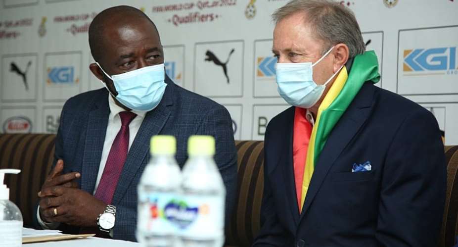 Ghana FA President Kurt Okraku Left with Black Stars head coach Milovan Rajevac Right