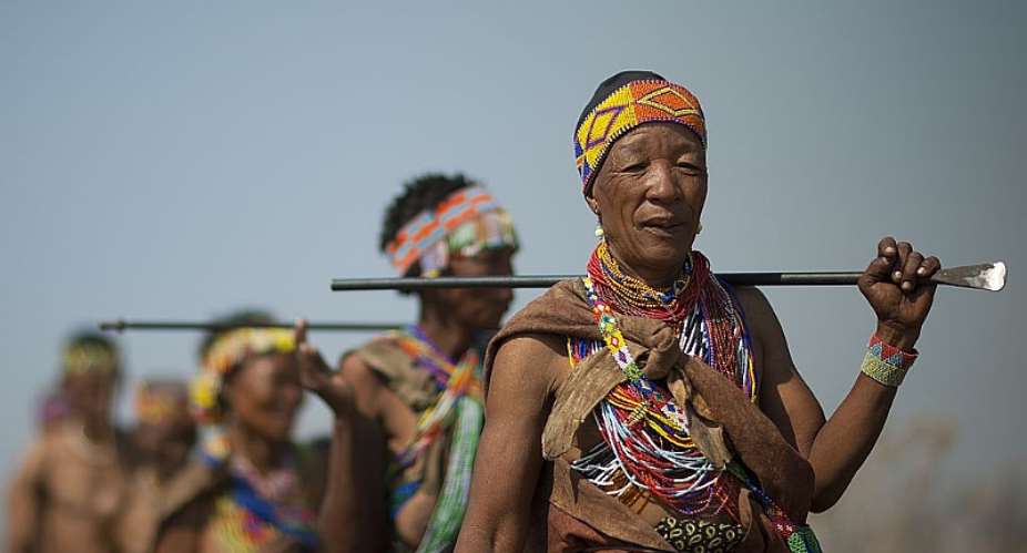 Descendants of the indigenous San people in the Kalahari Desert. - Source: Eric Lafforgue/Gamma-Rapho via Getty Image