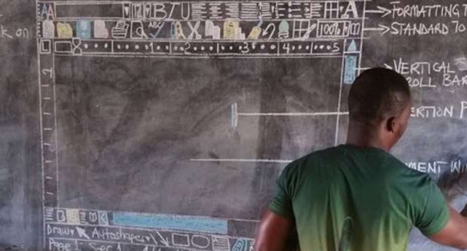 My deepest respect to the Ghanaian teacher, Richard Appiah Akoto, who drew a computer on a blackboard, photo credit: Ghana media