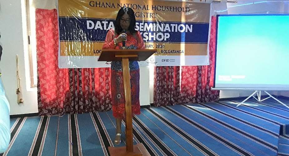 The Minister  of Gender , Children and Social Protection MoGCSP, Madam Cynthia Namle Morrison  delivering her speech during Dissemination Workshop of GNHR in Bolgatanga