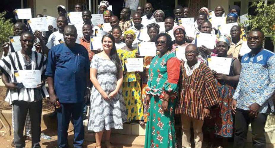 Madam Janet Mohammed 4th right, the Board chair of Send Ghana, Ms Alacia Sosa 3rd left Mr Yaquob 2nd left, MCE for Nanumba North and the peace animators.
