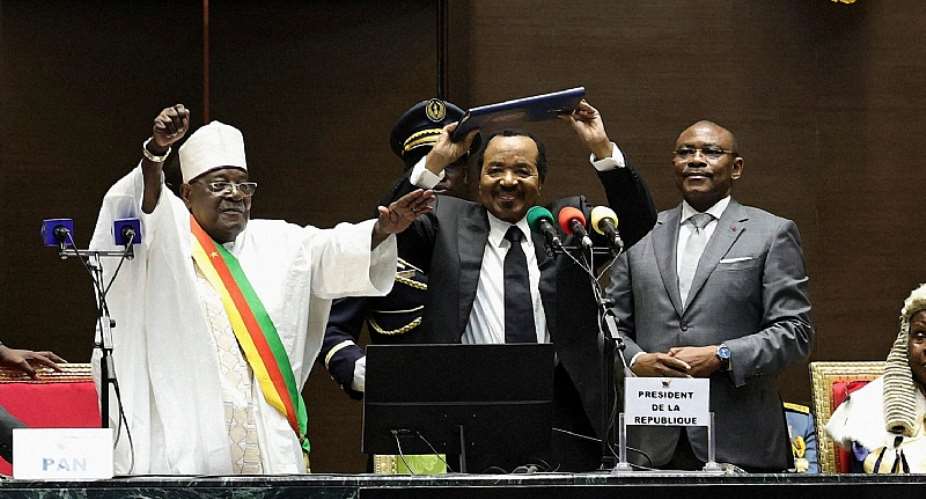 Cameroon President Paul Biya (center) celebrates his inauguration at the National Assembly in Yaounde on November 6, 2025. Journalists told CPJ that they were too scared to report on controversial issues given the governments history of media repression. (Photo: AFP)