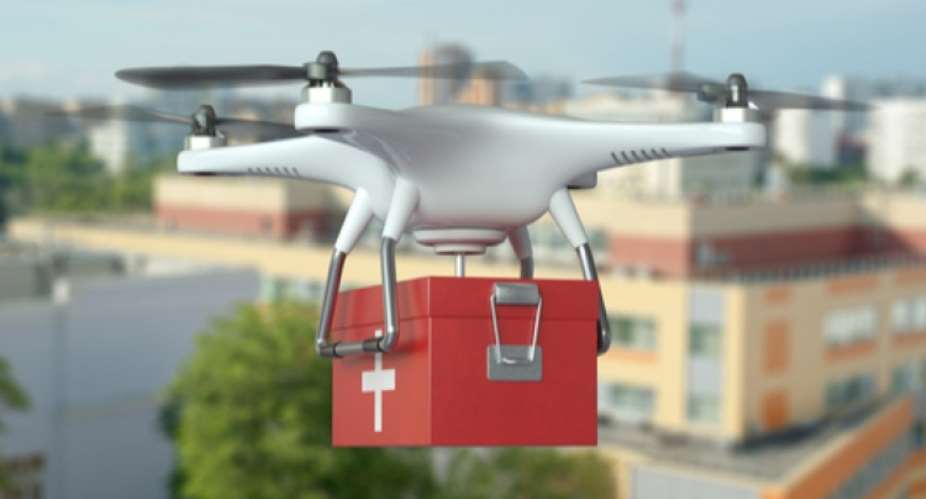 A drone carrying a medical item