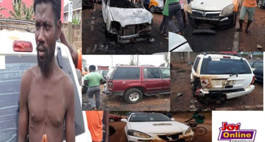 The suspected mentally deranged Ofori and the five vehicles he burnt.