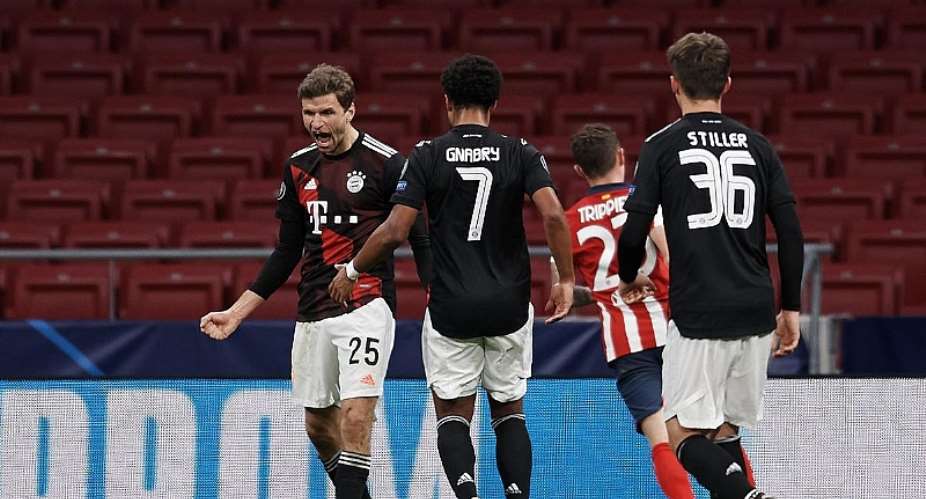 Thomas Muller of Bayern celebrates after scoring his sides first goal during the UEFA Champions League Group A stage match between Atletico Madrid and FC Bayern Muenchen at Estadio Wanda Metropolitano on December 1, 2020 in Madrid, Spain.Image credit: Getty Images