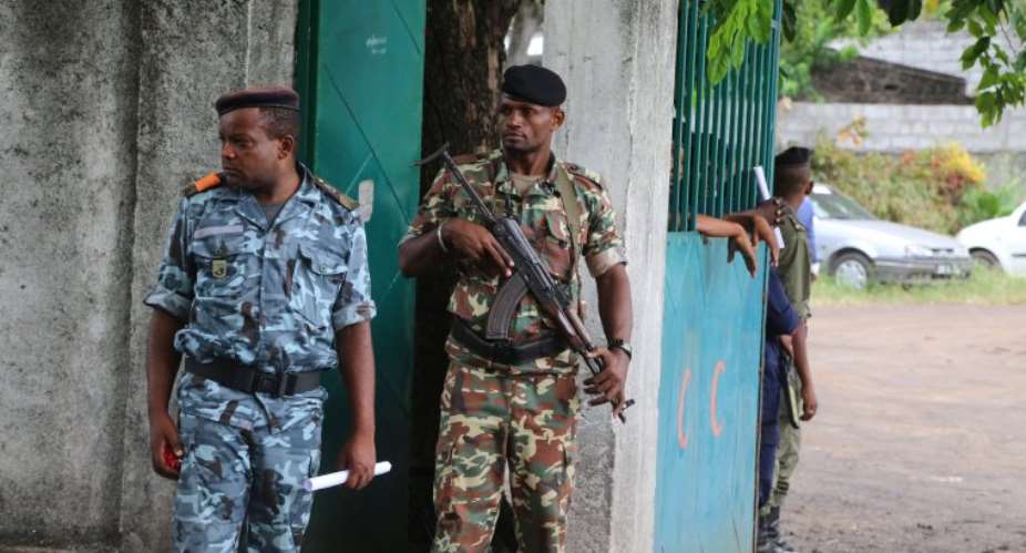 Soldiers are seen in Moroni, Comoros, on April 2, 2019. Authorities recently detained two journalists over their coverage of protests in the city. AFPYoussouf Ibrahim
