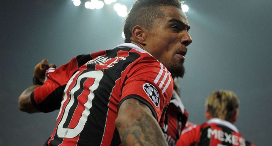 Kevin Prince Boateng celebrates against Barcelona at the San Siro