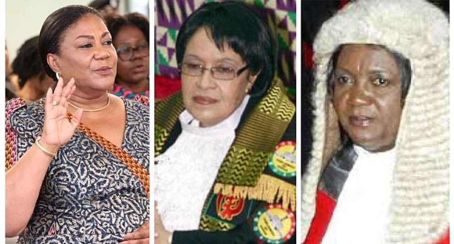 Left to right: First Lady H.E Rebecca Akufo-Addo, former Speaker of Parliament Joyce Adeline Bamford-Addo, and former Chief Justice Georgina Theodora Wood