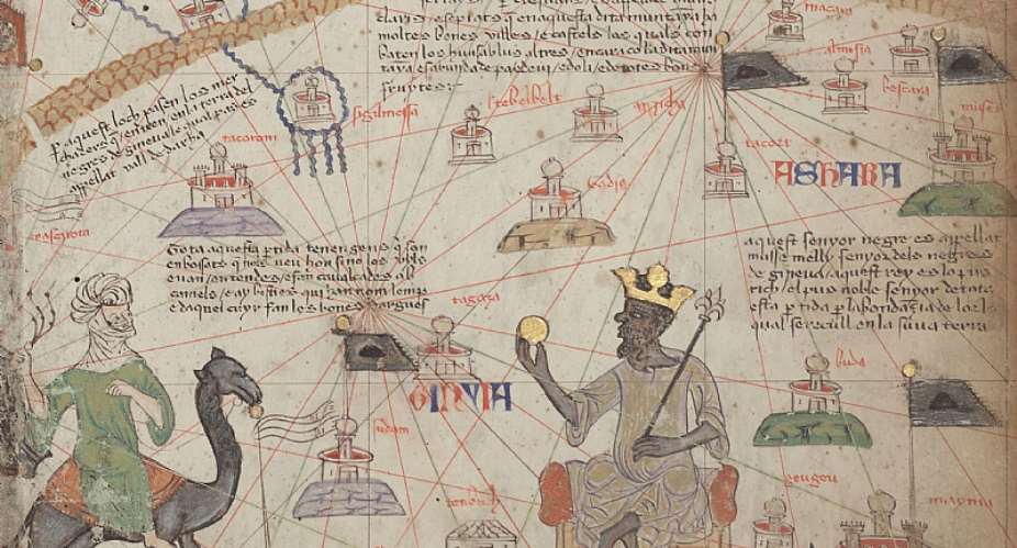 Mansa Musa, the king of Mali, approached by a Berber on camelback, from The Catalan Atlas, 1375 - Source: Attributed to Abraham CresquesBibliothque Nationale de FranceWikimedia Commons