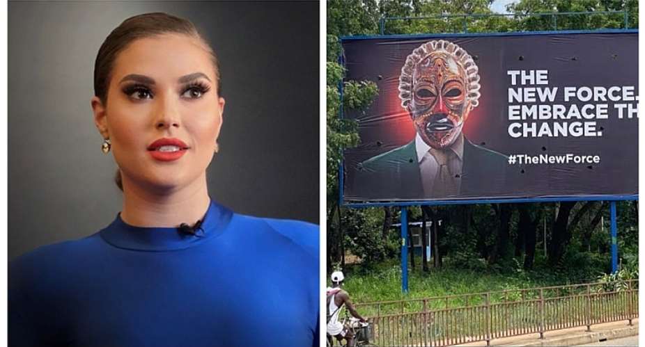 Spokesperson for the New Force Shalima Abiusileft and the masked billboard