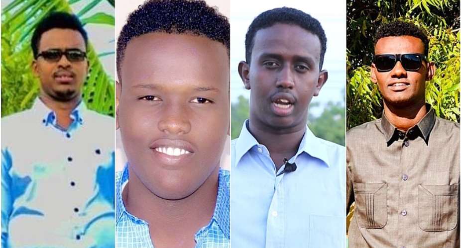 (From left) Radio Hiiraan Weyn journalist Abdullahi Ali Abukar; freelancers Abdulkadir Abdullahi Mohamed and Abdiweli Tohow; and Horn Cable TV reporter Ali Adan Diriye.  PHOTO/SJS.