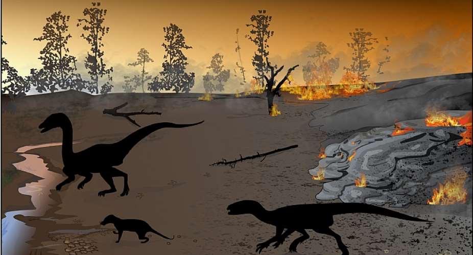 Reconstruction of the ancient environment at the Highlands trace fossil site about 183 million years ago.   - Source: Artwork by Akhil Rampersadh. Heterodontosaurid silhouette is courtesy of Viktor Radermacher.