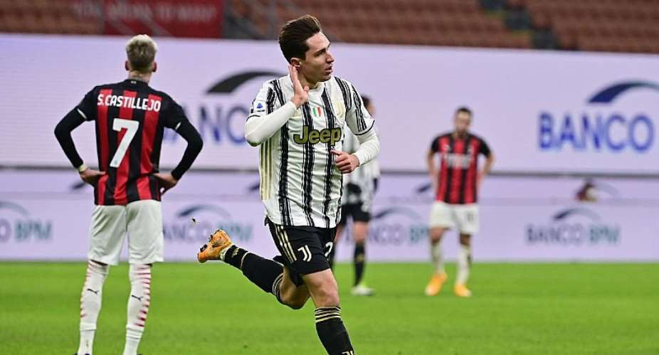 Juventus Italian forward Federico Chiesa (C) celebrates after scoring his second goal during the Italian Serie A football match AC Milan vs Juventus on January 6, 2021 at the San Siro stadium in Milan.Image credit: Getty Images