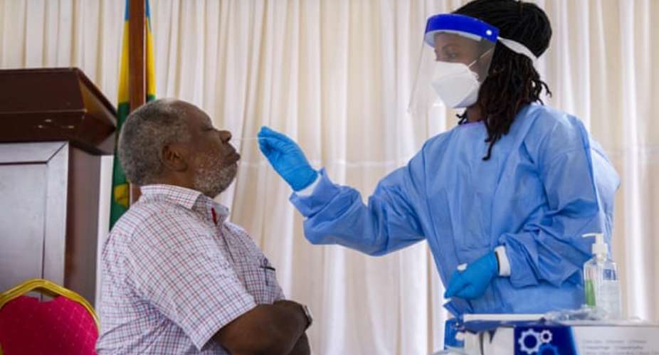 People aged over 70 receive free Covid testing in Kigali, Rwanda, in January. Photograph: XinhuaRexShutterstock