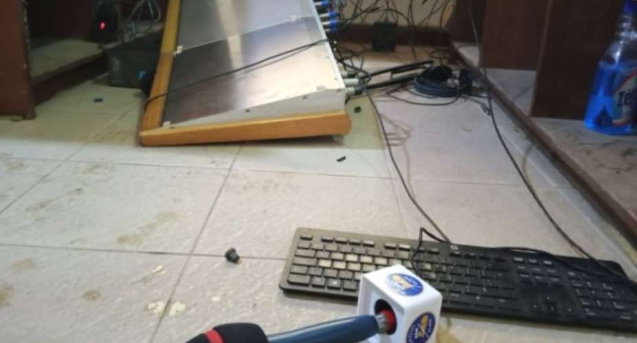 The office of Ghanaian broadcaster Radio Ada FM is seen after being ransacked on January 13, 2022. Photo: Gideon Amanor Dzeagu