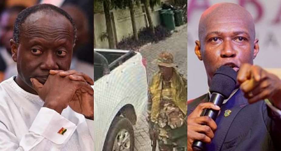 Former Finance Minister Ken Ofori Atta left, CCTV image of a military personnel on the premises of Ofori Atta middle and Prophet Kofi Oduro