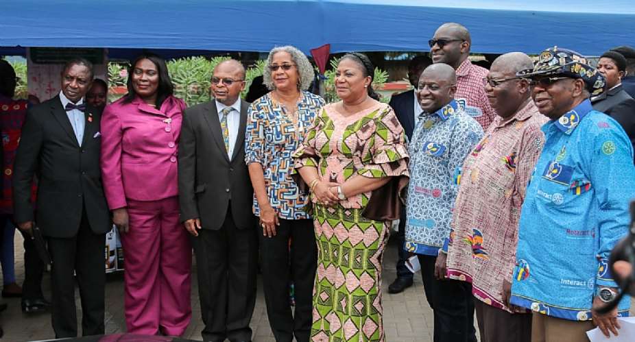 On February 20, 2018, the First Lady of Ghana, Mrs. Rebecca Akufo–Addo fourth from right; representatives from the Ministry of Health; representatives from Rotary International; and USAIDGhana Mission Director, Sharon L. Cromer fourth from left, participated in the national launch of Rotary Family Health Days, hosted by Rotary International, USAID, and the Ghana Health Service to provide targeted outreach activities, including HIV counseling and testing; family planning education;  tubercul
