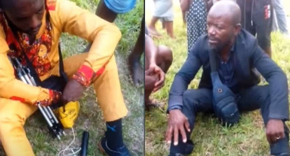 Augustin Ndongo (left) and Joseph Abena Abena, journalists with Equinoxe TV, were attacked while reporting in a village in Cameroons South Region on February 13, 2025. (Screenshot: Equinoxe TV /YouTube)
