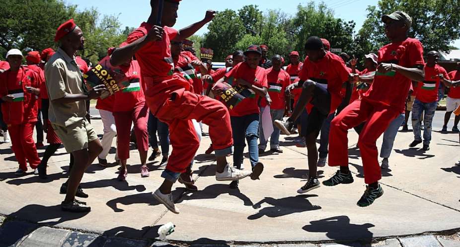 South Africa's Economic Freedom Fighters toyi-toyi at an anti-Israel protest. - Source: PHILL MAGAKOE/AFP via Getty Images