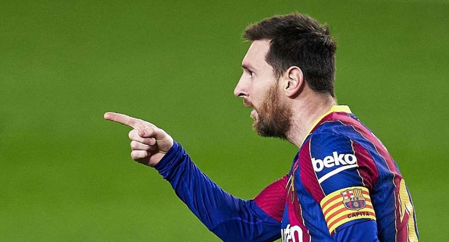 Lionel Messi of FC Barcelona celebrates after scoring his team's opening goal during the La Liga Santander match between FC Barcelona and Elche CF at Camp Nou on February 24, 2021Image credit: Getty Images