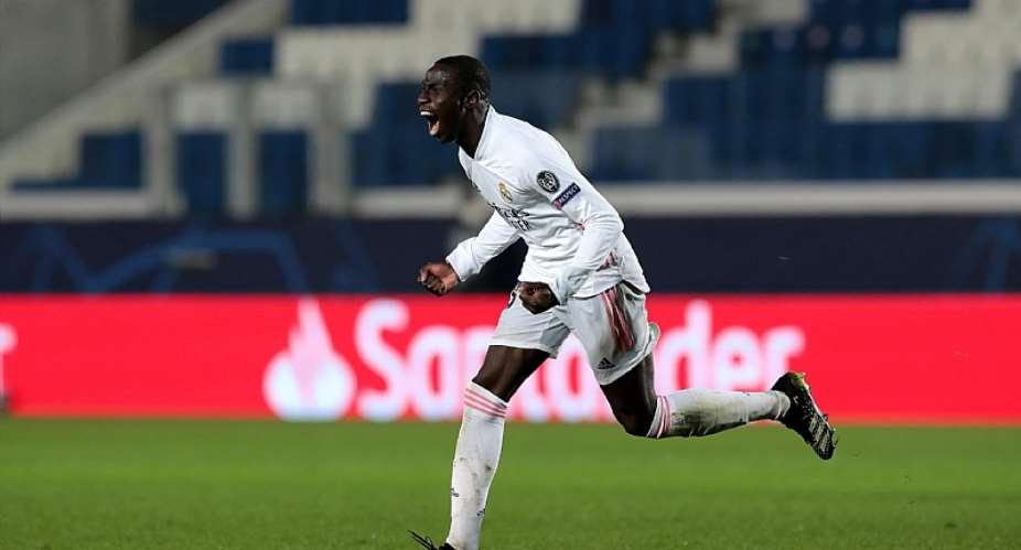 Ferland Mendy of Real Madrid celebrates after scoring their side's first goal during the UEFA Champions League Round of 16 match between Atalanta and Real Madrid at Gewiss Stadium on February 24, 2021 in Bergamo, ItalyImage credit: Getty Images