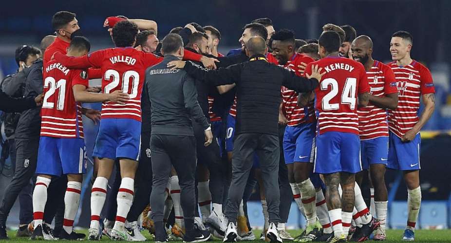 Players of Granada CF celebrate after winning the UEFA Europa League Round of 32 match between SSC Napoli and Granada CF on February 25, 2021 in Naples, Italy.Image credit: Getty Images
