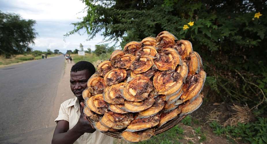 Ronald Jackson sells dried fish on the roadside in Mangochi, Malawi.   - Source: EFE-EPAAaron Ufumeli