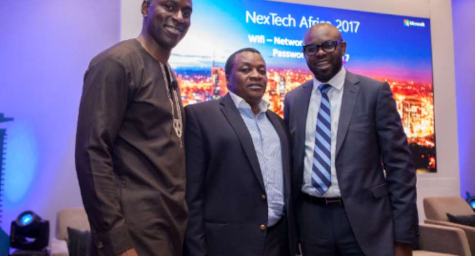 Microsoft Kenya General Manager Kunle Awosika Right , ICT PS Eng Victor Kyalo Centre And Microsoft's Partner Director Of Software Engineering Bambo Sofolo