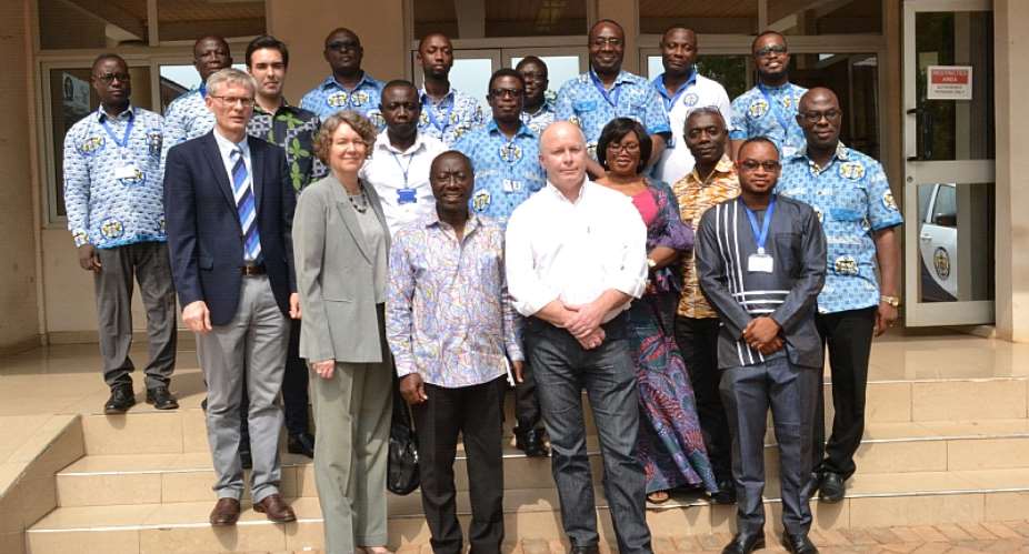 Mr Kwame Owusu Director General, GMA flanked by the Danish Ambassador to Ghana, ToveDegnbol 1st left and Peter Eilschow Olesen 2nd left Deputy Head of Mission, Head of Cooperation and Dr. Christopher Saarnak Right Efficien Sea 2 Project Manager Senior Advisor, Danish Maritime Authority.
