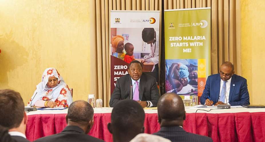 From left, Her Excellency Mrs. Amira El-Fadil, Commissioner for Social Affairs for the African Union Commission, His Excellency President Uhuru Kenyatta, President of the Republic of Kenya and Chair of the African Leaders Malaria Alliance ALMA and Dr. Abdourahmane Diallo, CEO of the RBM Partnership to End Malaria