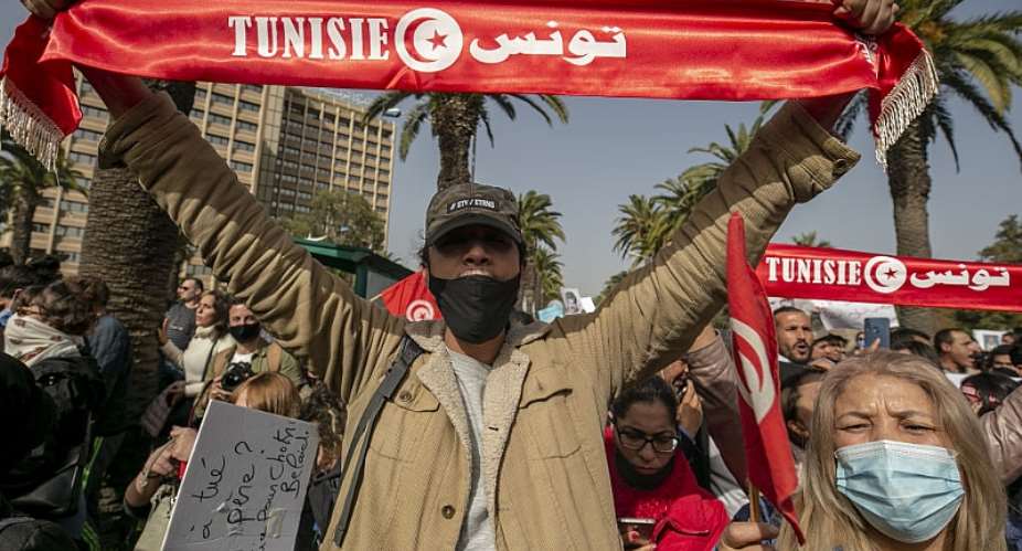 Tunisian demonstrators gather during a protest in Tunis, Tunisia on February 06, 2021.  - Source: Photo by Yassine GaidiAnadolu Agency via Getty Images