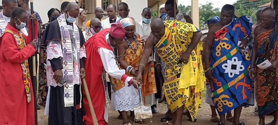 Picture shows Rt Rev Dr Yeboah-Asuamah and Nana Osei Kyeretwie, chief of Adomako, near Sunyani performing the ground breaking ceremony