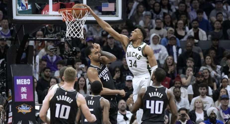 Giannis Antetokounmpo also had 12 rebounds and four assists against Sacramento Kings
